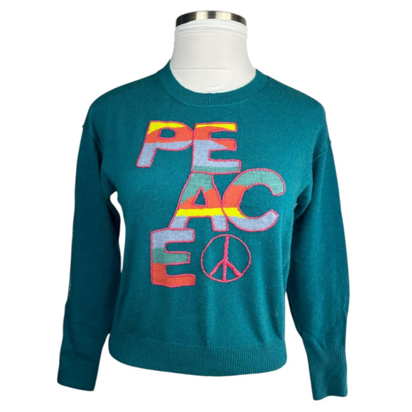Sundance Colors Of Peace Sweater Teal Rare Rainbow Graphic Soft Wool Blend PXS - Picture 15 of 16